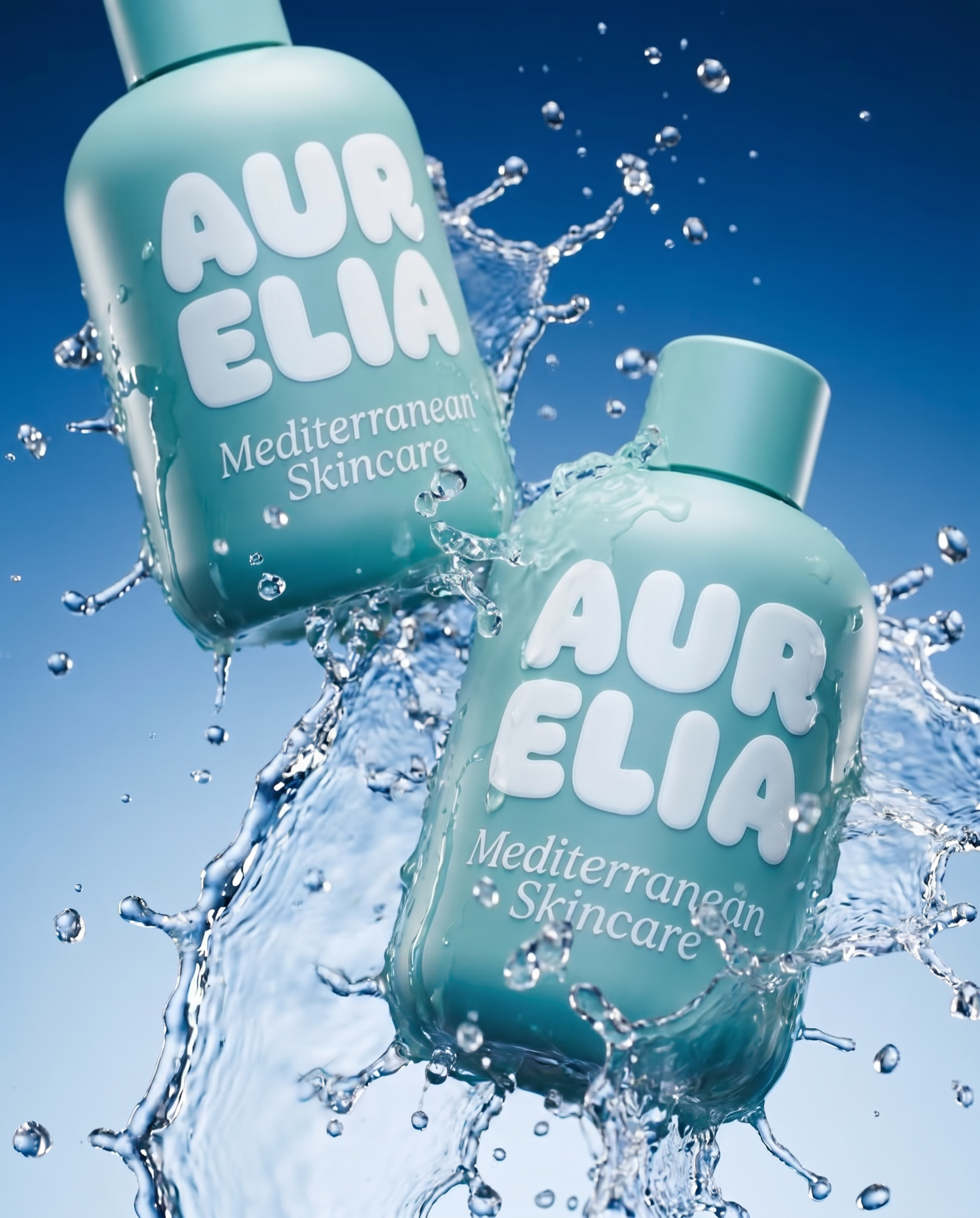 Aurelia Mediterranean skincare bottles with water splash campaign