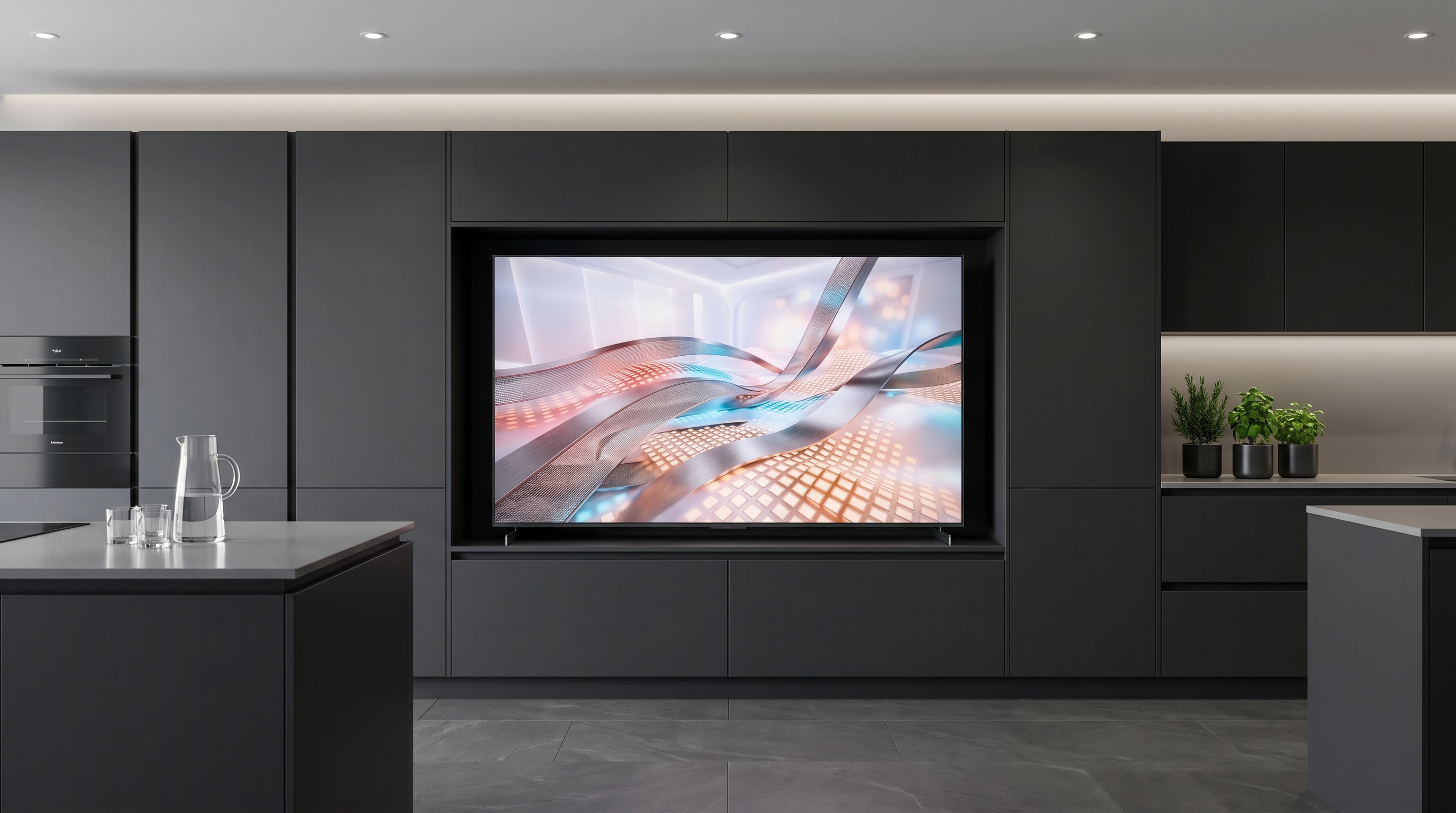 Modern kitchen with an LG television integrated into dark cabinetry