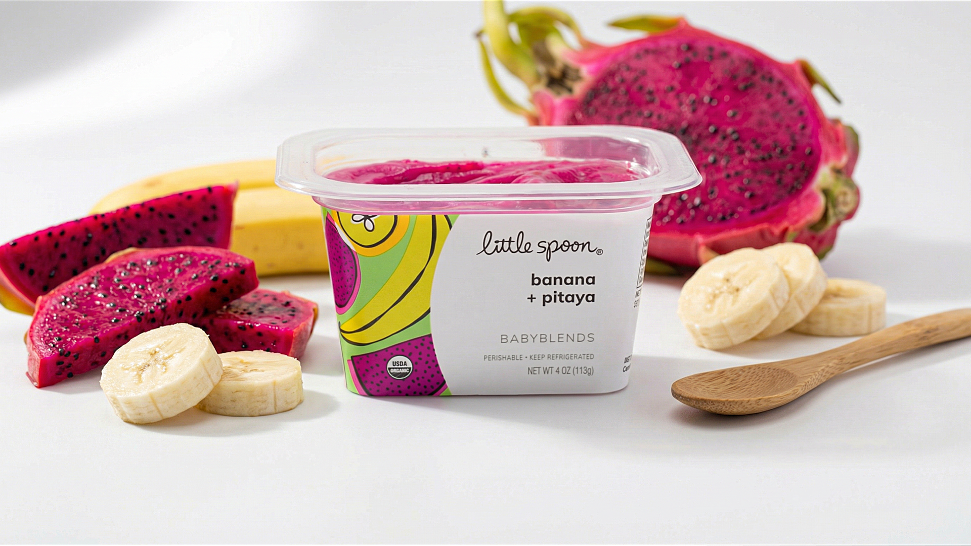 Little Spoon banana and pitaya Babyblends with fresh fruit