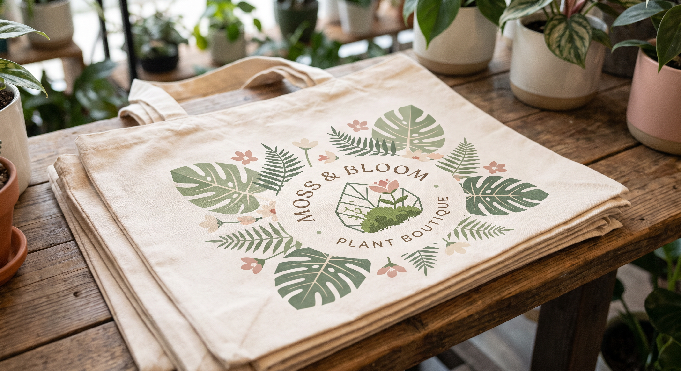 Moss & Bloom plant boutique tote bag branding