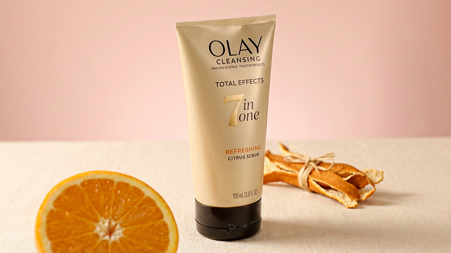Olay Cleansing Total Effects citrus scrub tube with fresh orange and dried peel