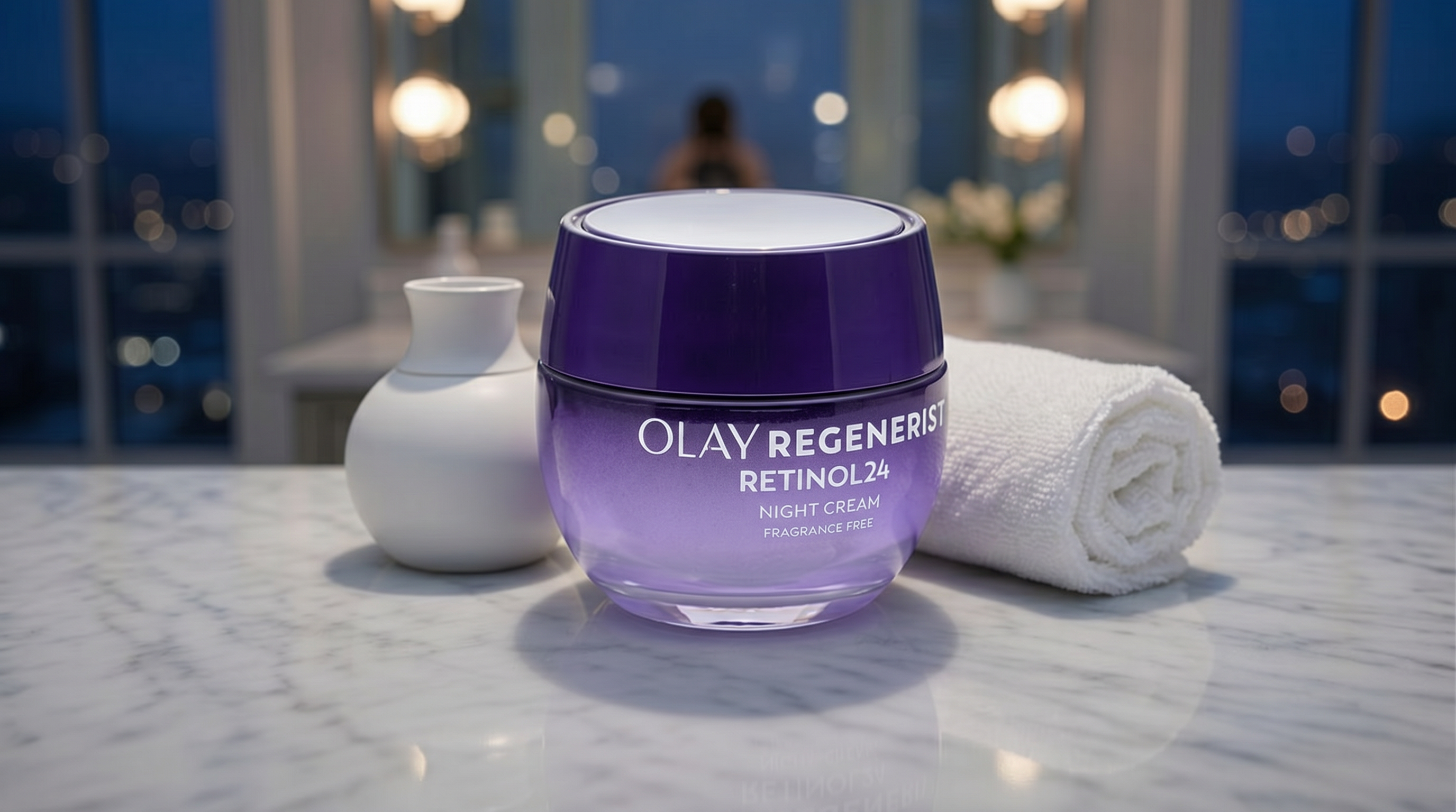 Olay Regenerist Retinol24 night cream on a marble vanity at dusk